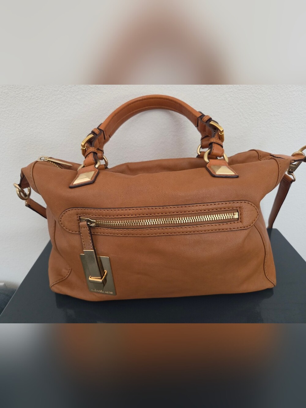 Michael Kors Calista Tan Leather Satchel Crossbody with Gold Hardware